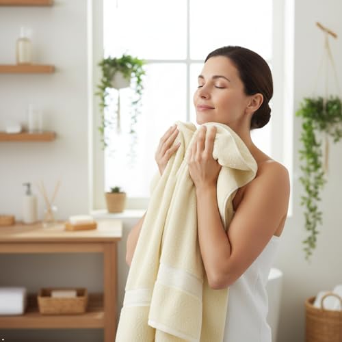 6 Piece 100% Cotton Bath Towel Set -2 Bath 2 Hand 2 Face, Cream | 100% Cotton • Thick & Plush • Hotel Quality • Ultra Soft • Highly Absorbent • Quick Dry • Low Lint • Machine Washable - color: Cream