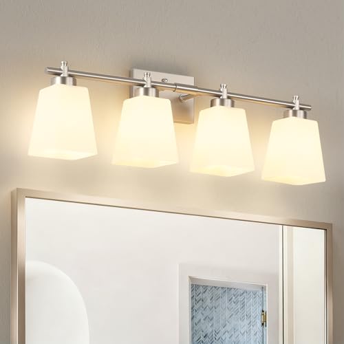 Bathroom Vanity Light, 4-Light 28 Inch Brushed Nickel Vanity Lights for Bathroom, Modern Wall Sconce Lighting Fixtures Over Mirror with Milk White Square Shades, E26 Base(Bulbs Not Included) - color: Brushed Nickel, size: 4-Light
