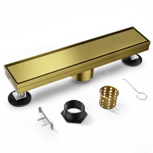 Linear Shower Drain, 304 Stainless Steel with Adjustable Leveling Feet, Hair Strainer,Reversely Install Place to Create an Invisible Floor Drain - Gold -16-Inch - color: Brushed Gold, size: 16inch