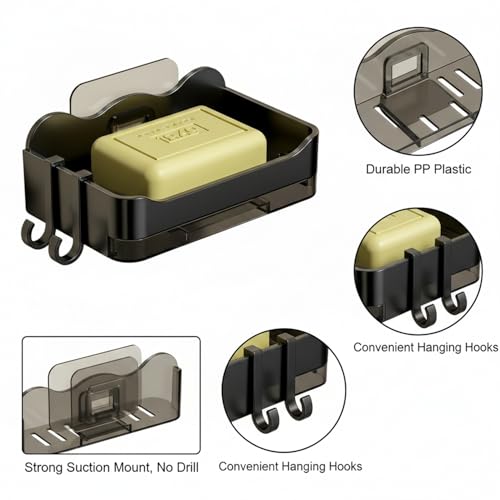 Suction Cup Soap Dish, Double Layer Wall Mount Holder for Shower & Sink, No Drill PP Plastic Drainage Tray (1 Pack) - color: Black