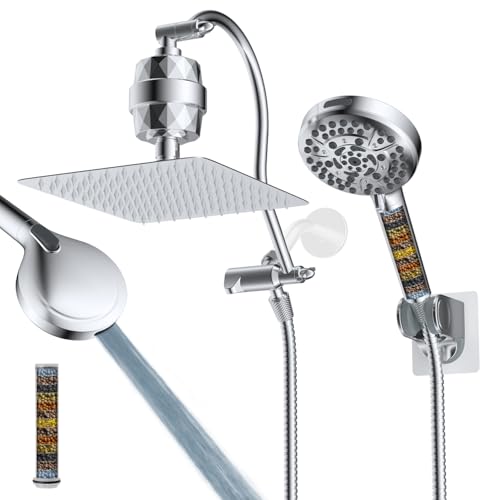 Hibbent All Metal 10'' Dual Filtered Rainfall Shower Head Combo, High Pressure Handheld Shower Head with 12'' Adjustable Curved Extension Arm, 20 Stage Shower Filter, 10-spray, 71'' Hose, Chrome - color: Chrome Finished, style: Square 10'' with Filter