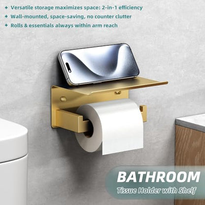 Brushed Dark Gold Toilet Paper Holder with Shelf, Wall Mounted | Rustproof 304 Stainless Steel, Functional Paper Roll and Phone Storage, Fits Bathroom, Restroom, Vanity, Kitchen - color: Brushed Dark Gold, size: Single Rod