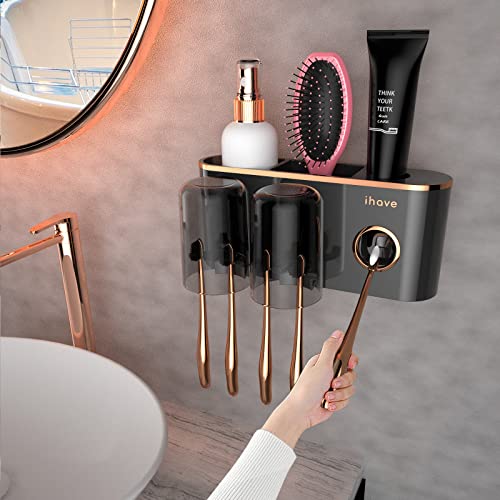 iHave Toothbrush Holders for Bathrooms Wall Mounted with Dispenser & 2 Cups | 6 Slots Wall Mount Toothbrush Holders for Bathrooms with Squeeze Toothpaste Dispenser, 2 Cups & 2 Compartments Organizer - color: Black 2 Cups