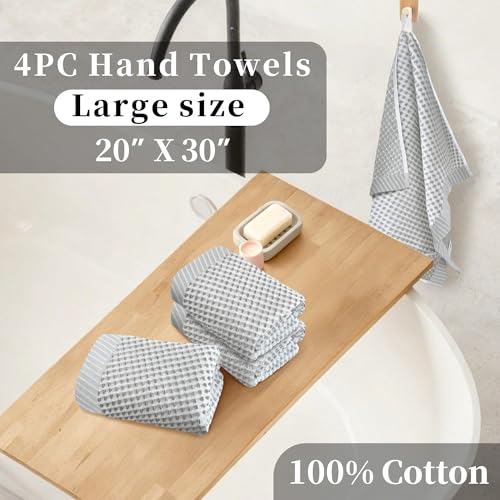 VOOVA & MOVAS 100% Cotton Waffle Large Hand Towels 4PC – Luxury Hand Towels with Hanging Loop 20"x30" | Soft | Absorb | Quick Dry | Lightweight, Durable Bathroom Essentials, White and Gray Waffle - color: White + Gray, size: 4PC Hand Towels