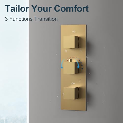 3-Function Thermostatic Shower System with Dual Rainfall Heads, Handheld Sprayer Brushed Gold - color: Brushed Gold