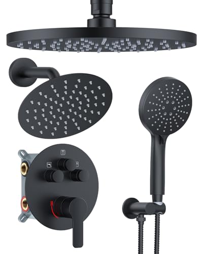 Woindo Shower System with Pressure Balance Valve, 10" Ceiling Mount Shower Faucet Set with 2 Rain Shower Head And Multi-function Handheld Head Push Button Diverter Pressure Balancing Valve Kit - color: Matte Black, style: 10"-Round