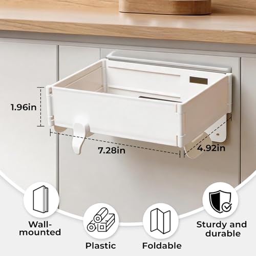 Wall Mounted Trash Bag Holder- Folding Room Saving Bathroom and Kitchen Storage Rack, Plastic Hanging Waste Bin Organizer (White)