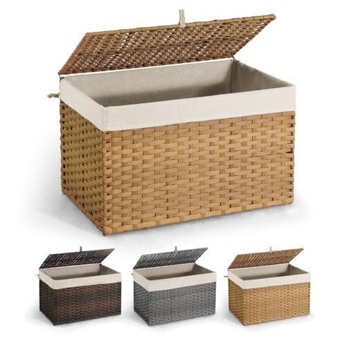 CAPHAUS Handwoven Synthetic Rattan Storage Basket w/Lid, Foldable Clothes Basket with Handles, 2 Removable Liner Bags for Laundry, Large Laundry Basket w/Lid, Laundry Basket w/Lid, 160L, Natural - color: Natural, size: 42.3 Gal (160L)