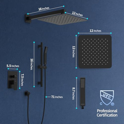 SR SUN RISE 12 Inch Square Shower System with Slide Bar,Matte Black | Rain Head and Handle System,16" Adjustable Shower Slide Bar,Soild Brass,Wall Mount,Included Valve and Trim Kit - color: Matte Black, size: 12 Inch