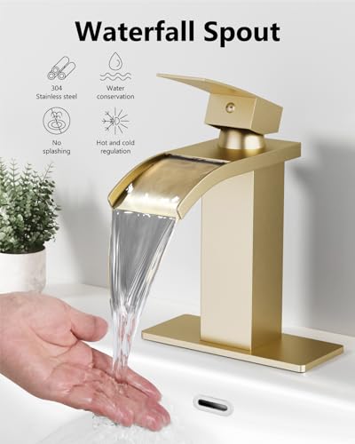 Brushed Gold Waterfall Bathroom Faucet 1-Handle Vanity Faucet | Stainless Steel Modern Bathroom Sink Faucet,Pop-Up Drain, Supply Lines 6-in Deck Plate, 1- or 3-Hole, NSF Certified - color: Light Gold
