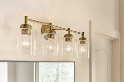 Kichler Winslow 4-Light Farmhouse Vanity Light, Natural Brass | Clear seeded glass vanity light with industrial styling (30" x 9.25" x 6.5"), 45887NBR - color: Natural Brass, size: 30"