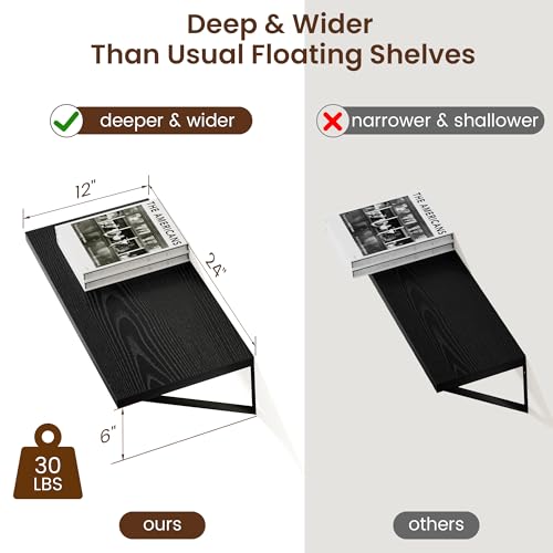 Deep Floating Shelves Black- 24 Inch Wide x 12 Inch Deep Wall Shelves Set of 2 - Black Wood Wall Shelves for Living Room Bedroom Laundry Room - color: Black, size: 24W x 12D