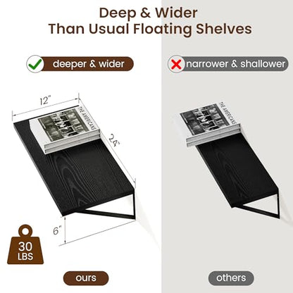 Deep Floating Shelves Black- 24 Inch Wide x 12 Inch Deep Wall Shelves Set of 2 - Black Wood Wall Shelves for Living Room Bedroom Laundry Room - color: Black, size: 24W x 12D
