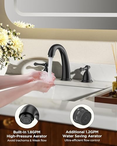 FORIOUS Bathroom Faucet 3 Hole Widespread 8" Sink Faucets Matte Black | 3-hole 6-12 Inch Widespread Sink, 2 Lever Handle, with Drain and Hoses,for Vanity Rv Commercial Lavatory Restroom Farmhouse - color: Matte Black, style: Classic
