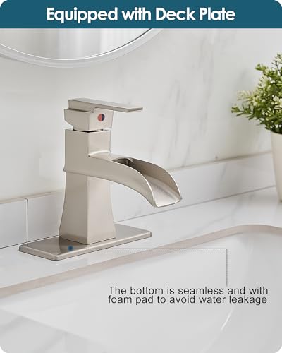 Single Hole Bathroom Faucet 3 Hole (4 Inch), Brass Waterfall Faucet Single Handle, Bathroom Faucets Brushed Nickel Bathroom Sink Faucet with Deck Plate & Pre-Install Hoses Without Pop-up Drain - color: Brushed Nickel - Classic