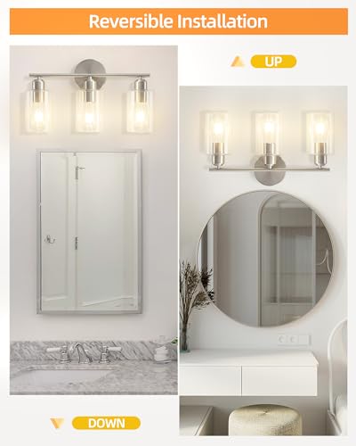 Brushed Nickel Vanity Lights - 3-Light Modern Bathroom Lighting Fixtures with Clear Glass Shade - Wall Sconce for Hallway - 2Pack - color: Brushed Nickel, size: 3 Light - 2 pack