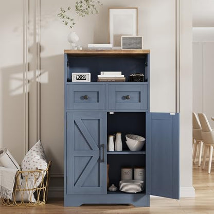 FiveWillowise Farmhouse Blue Storage Cabinet with Barn Doors and Drawers, Small Freestanding Kitchen Pantry Cabinet, Hutch Cupboard for Kitchen, Laundry, Living Room,Bathroom - color: Navy Blue