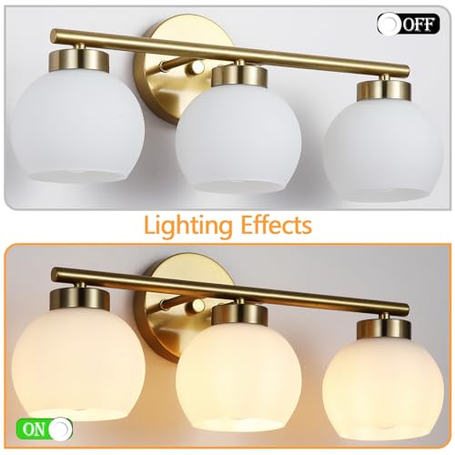 3 Light Bathroom Vanity Light, 20" Brushed Gold Bathroom Light Fixtures Over Mirror with Milky White Glass Globe Shade, Mid Century Modern Brass Wall Sconces, E26 Socket - color: Gold & Milky White Glass, size: 3-Light