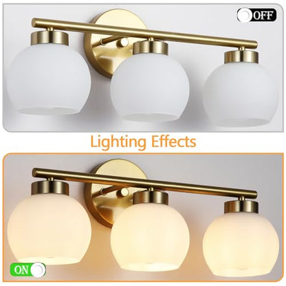 3 Light Bathroom Vanity Light, 20" Brushed Gold Bathroom Light Fixtures Over Mirror with Milky White Glass Globe Shade, Mid Century Modern Brass Wall Sconces, E26 Socket - color: Gold & Milky White Glass, size: 3-Light