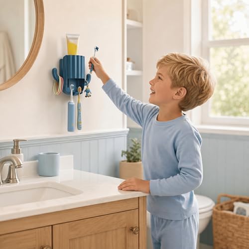 Kids Toothbrush Holder Wall Mount, Cute Cactus (Dark Blue) | Bathroom Organizer, PP Cactus Holder, Toothbrush Toothpaste Hair Tie Accessories,Multi-Function Organizer - color: Blue