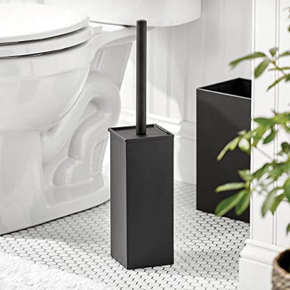 mDesign Steel Square Modern Toilet Bowl Brush and Holder for Bathroom Storage and Organization, Compact Free-Standing Design, Covered Brush - Sturdy, Deep Cleaning - Citi Collection - Matte Black - color: Matte Black