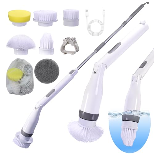 Electric Spin Scrubber, IPX7 Waterproof Shower Cleaning Brush with 8 Replaceable Brush Heads, Extendable Long Handle and 2 Adjustable Speeds Tools White