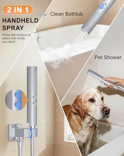 Chrome Shower System with Tub Spout, Wall Mounted Bathtub Shower Faucet Set, 12" Rainfall Shower Head and Handheld Shower Combo, High Pressure Shower Fixtures Set with Rough-in Valve - color: Polished Chrome, style: 12" Wall Mounted Shower System with Tub