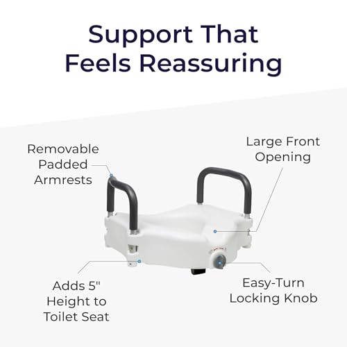 Drive Medical 2-in-1 Raised Toilet Seat with Removable Padded Arms | Raised Toilet Seat Offers Removable Padded Arms and Secure Locking Attachment for Standard Toilets and Safety