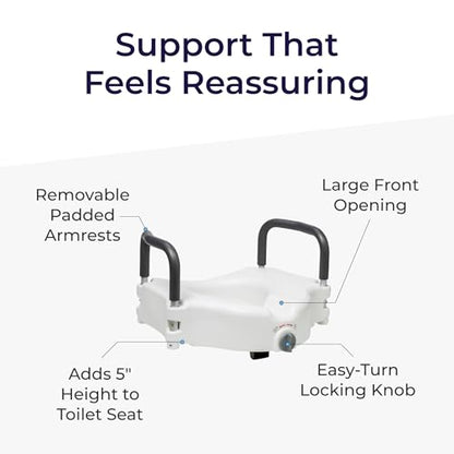 Drive Medical 2-in-1 Raised Toilet Seat with Removable Padded Arms | Raised Toilet Seat Offers Removable Padded Arms and Secure Locking Attachment for Standard Toilets and Safety