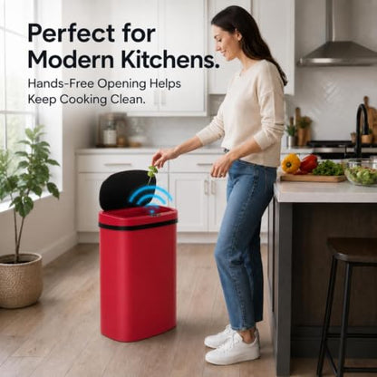 13 Gallon Kitchen Trash Can with Lid,Automatic Touchless Garbage Can for Kitchen,PP Plastic Motion Sensor Trash Can,Tall Large-Capacity Trash Bin,Hands-Free Smart Waste Bin for Home - color: Red