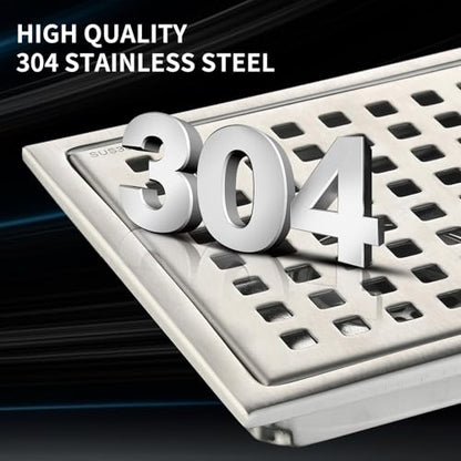 6 Inch Square Shower Drain with Removable Square Grille, Brushed 304 Stainless Steel, PVC Shower Drain Base, Includes Hair Strainer for Kitchen, Bathroom, Garage - color: 6-inch Brushed Nickel