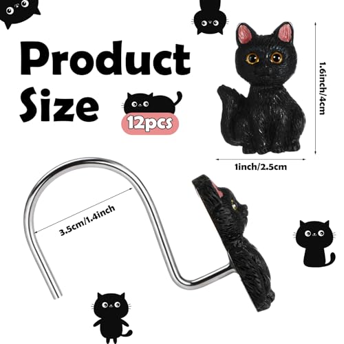 Novabright 12 Pcs Decorative Shower Curtain Hooks Cute Cat Shower Curtain Rings 2.4 Inch Handcraft Resin Cat Hooks for Bathroom 3.8 mm Metal Wire Smooth Sliding Hangers(Cute Style,Black)
