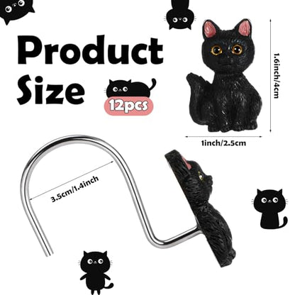 Novabright 12 Pcs Decorative Shower Curtain Hooks Cute Cat Shower Curtain Rings 2.4 Inch Handcraft Resin Cat Hooks for Bathroom 3.8 mm Metal Wire Smooth Sliding Hangers(Cute Style,Black)