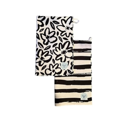 Kitchen Towels, Dish Towels for Kitchen, 2 Pc Kitchen Towel Set | Microfiber Waffle Towels, 16 x 26 inches, with Hanging Loops, Reusable Tea Towels, Cute Kitchen Towels - 2 Pack - color: Black Daisy