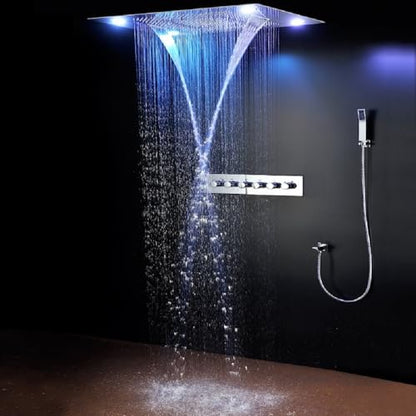 Cascada LED Modern Shower System with Handheld Shower & Spout | 5 Functions | Ceiling Mount | 23"x31" | 6-Knob Thermostatic Valve (Polished Stainless Steel) - color: Polished Stainless Steel