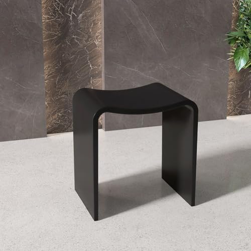 Black Shower Stool 16.7' H, Solid Surface Modern Bathroom Benches， | Heavy Duaty Stone Resin Bath Seat, 400 lbs Capacity Fancy Insider Shower Chairs for Shaving Legs - color: Black Curved