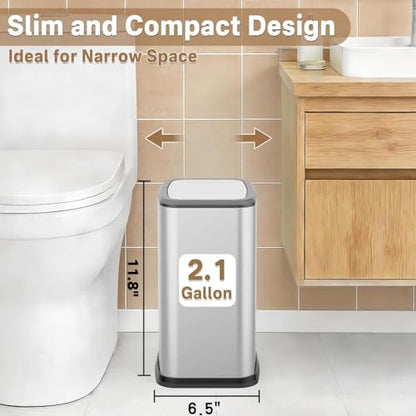 2.1 Gal Slim Bathroom Trash Can with Swing Lid, Rustproof Stainless Steel Small Garbage Can for Narrow Spaces & Toilet Side, Dog Proof Odor Control Waste Basket for Bedroom/Office, Silver - color: Silver