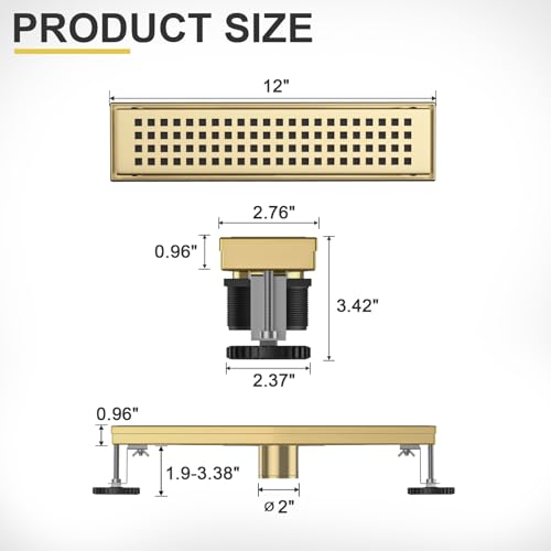 Linear Shower Drain - 12 Inch Brushed Gold, with Grate Removable | AISI 304 Stainless Steel Shower Drain with Adjustable Feet, Hair Catcher, Rectangle Shower Floor Drain Fits Bathroom, Balcony - color: Brushed Gold, size: 12 Inch