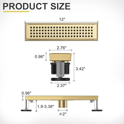Linear Shower Drain - 12 Inch Brushed Gold, with Grate Removable | AISI 304 Stainless Steel Shower Drain with Adjustable Feet, Hair Catcher, Rectangle Shower Floor Drain Fits Bathroom, Balcony - color: Brushed Gold, size: 12 Inch