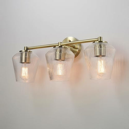 GLOBE Electric 63000063 5-Piece All-in-One Bathroom Set, Matte Brass Finish, 3-Light Vanity Light, Glass Shades, Towel Bar, Toilet Paper Holder, Towel Ring, Robe Hook, Bathroom Lights Over Mirror - color: Brass