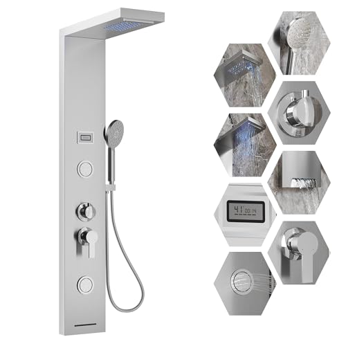 Garvee Shower Panel Tower 6-Function LED Rainfall Body Jets SS Brushed Nickel