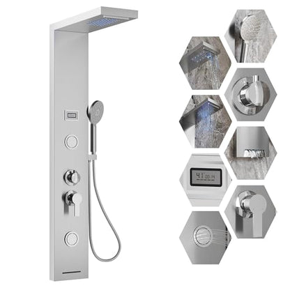 Garvee Shower Panel Tower 6-Function LED Rainfall Body Jets SS Brushed Nickel