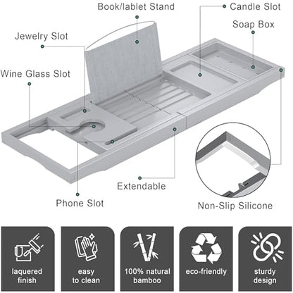 Artmeer Foldable Bamboo Bathtub Caddy Tray Expandable Bath Table for Tub with Cup Holder Book Stand and Bathroom Organizer, Gray