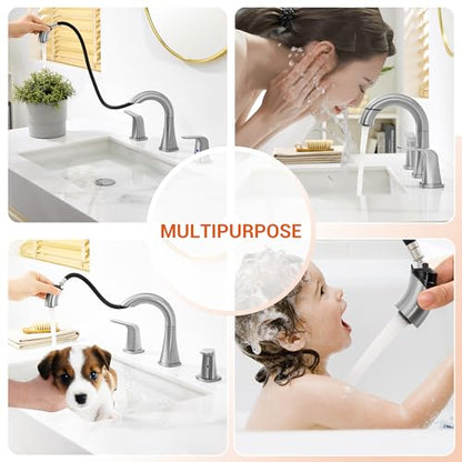 Brushed Nickel Bathroom Faucet with Sprayer - Rotatable Bathroom Faucets for Sink 3 Holes, 8In Widespread Bathroom Pull Down Faucet, 2-Handle Vanity Faucet with Pull Out Sprayer 360 Swivel - color: Brushed Nickel