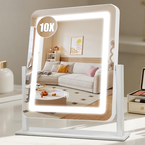 Rechargeable Vanity Mirror with Lights, 3000mAH Battery, 15"×12.2" LED Makeup Mirror, 10X Magnification, Smart Touch with 3-Color Lighting, 360° Rotation, Lighted Up for Makeup Desk, Bedroom (White) - color: White, size: 15"L x 12.2"W