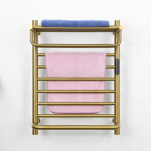 Gold Wall Mounted Heated Towel Rack, Gold Towel Warmer Rack for Bathroom, Timer & Temperature Control Electric Towel Drying Rack with Top Shelf (14 Bars with Top Shelf Brushed Gold A, Hardwired) - color: 14 Bars With Top Shelf Brushed Gold a, size: Hardwi