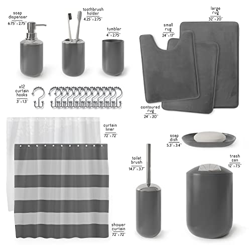 Clara Clark Bathroom Set - Gray Bathroom Accessories Set, Bathroom Sets with Shower Curtain and Rugs, 23PC Shower Curtain Set with Liner, Soap Dispenser, Soap Dish, Toilet Brush Holder, and Trash Can - color: Grey, size: Complete Set + Bath Rugs
