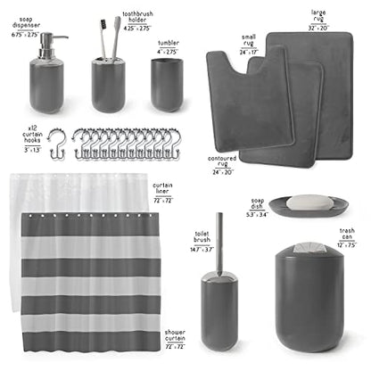 Clara Clark Bathroom Set - Gray Bathroom Accessories Set, Bathroom Sets with Shower Curtain and Rugs, 23PC Shower Curtain Set with Liner, Soap Dispenser, Soap Dish, Toilet Brush Holder, and Trash Can - color: Grey, size: Complete Set + Bath Rugs