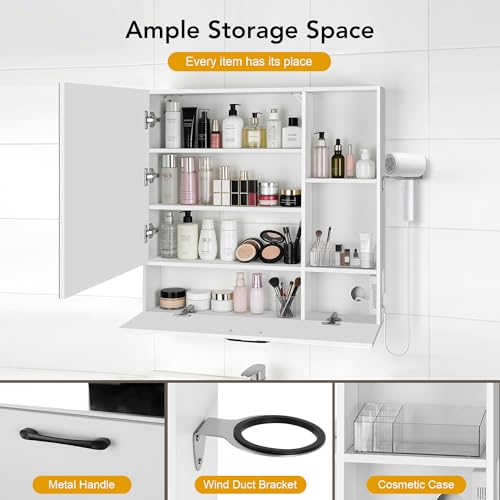 LED Lighting with Socket and USB Bathroom Medicine Mirror Cabinet,Color Changing Anti Fog Light Strip,Equipped with Hair Dryer Rack and Towel Rack,Embedded or Wall Mounted,White