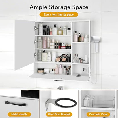 LED Lighting with Socket and USB Bathroom Medicine Mirror Cabinet,Color Changing Anti Fog Light Strip,Equipped with Hair Dryer Rack and Towel Rack,Embedded or Wall Mounted,White